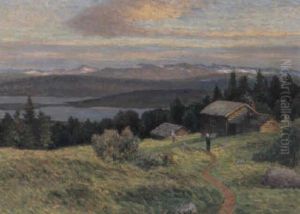 Norrlandskt Insjolandskap Med Gard by Anton Genberg