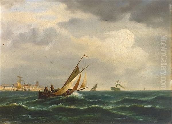 Segelboote Und Dampfschiff In Einer Bucht Vor Hafenhintergrund - view 1