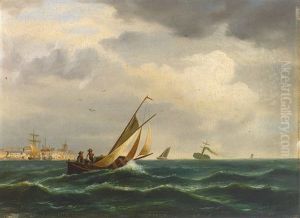 Segelboote Und Dampfschiff In Einer Bucht Vor Hafenhintergrund by Theodor Genenger