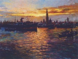 Abend Im Hafen Von Antwerpen by Frans van Genesen