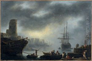 Scene De Port Animee by Jean Baptiste Genillion