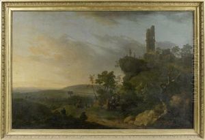 Paysage Avec Une Tour Du Moyen-age En Ruine Et Anime De Personnages by Jean Baptiste Genillion