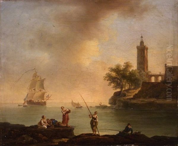 Pecheurs Sur Un Rivage Devant Un Phare - view 1