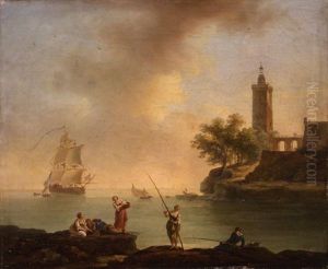 Pecheurs Sur Un Rivage Devant Un Phare
