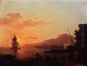 Pecheurs Et Marchands Sur Un Pont Au Soleil Levant (+ Pecheurs Relevant Leurs Filets Au Coucher Du Soleil; Pair) by Jean Baptiste Genillion