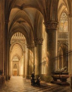 Gothic Ambulatory With Figures At A Tomb by Jules Victor Genisson