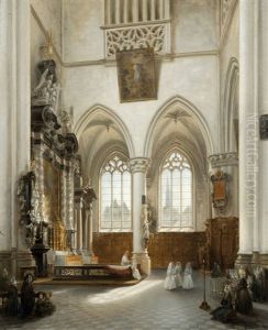 Interior Of The St. Jacob Church Antwerp With Communicants by Jules Victor Genisson