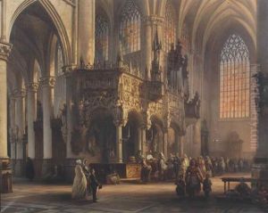 Vue Interieure De L'eglise De Saint-gommaire A Lierre Avec La Distribution Du Pain (the Church Of St. Gommar, Lierre) by Jules Victor Genisson