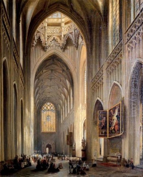 Interieur De La Cathedrale D'anvers Et Le Triptyque De Rubens - view 1