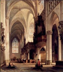 The Interior Of St. Gommarus Church, Lier, With Worshippers At The Altar by Jules Victor Genisson
