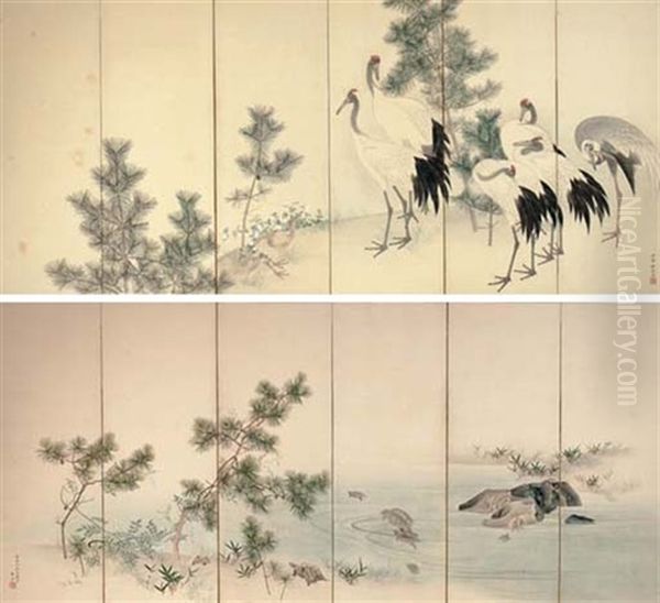 Cranes And Turtles By Young Pines (+ Another; Pair) - view 1
