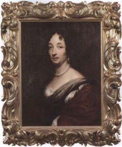 Portrait Of A Lady In A Claret And White Dress With Pearl Necklace And Earrings