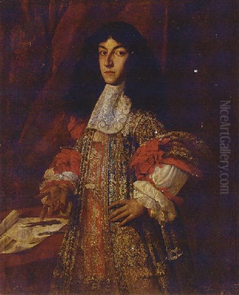 Portrait Of An Architect In A Blue, Red And Gold Jacket With A Lace Jabot Pointing To Plans And His Instruments On A Table - view 1