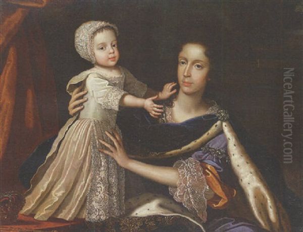 Portrait Of Mary Of Modena In A Purple Dress With A Blue Velvet Mantle, And Her Son, James Francis Edward, Prince Of Wales - view 1