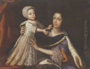 Portrait Of Mary Of Modena In A Purple Dress With A Blue Velvet Mantle, And Her Son, James Francis Edward, Prince Of Wales by Benedetto Gennari the Younger