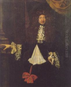 Portrait Of A Gentleman, Standing Beside A Column Beneath A Green And Gold Curtain