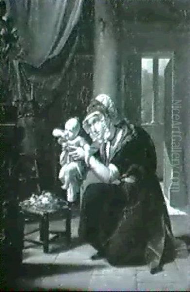 Mutter Mit Kind, Vor Einer Madonnenstatus Kniend - view 1