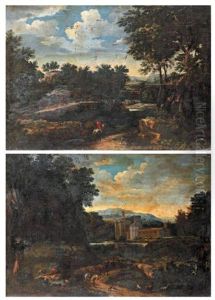 Cavaliers Dans Un Paysage, Patre Se Reposant Au Bord D'un Chemin Longeant Un Chateau (pair)