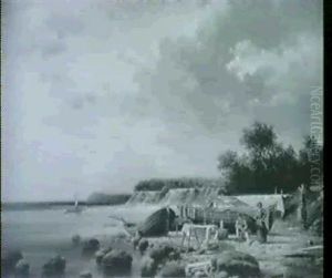Fischerehepaar Am Ufer Beim Netzflicken