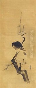 Minah-vogel Auf Einem Pflaumenblutenzweig by Kano Gensen