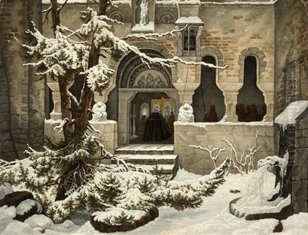 Monastery Courtyard In The Snow - view 1