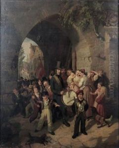 Drummer And Children Bearing Weapons Under Archway