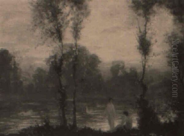 Landscape Of Figures Beside A Lake With Swans - view 1