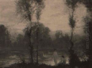 Landscape Of Figures Beside A Lake With Swans by Lillian M. Genth