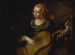Portrait Of A Lady, Half Length, Playing A Mandolin