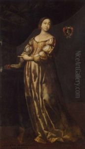 Portrait Of A Lady (achileta Marliana?) Wearing An Embroidered Yellow Dress, Pointing To Some Jewellery In An Open Drawer