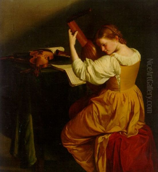 A Woman Tuning A Lute, Seated At A Draped Table With Open Manuscripts - view 1