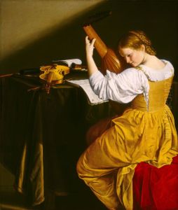 Portrait Of A Lady Playing The Lute, Seated At A Table Scattered With Insturments And Musical Scores by Orazio Gentileschi