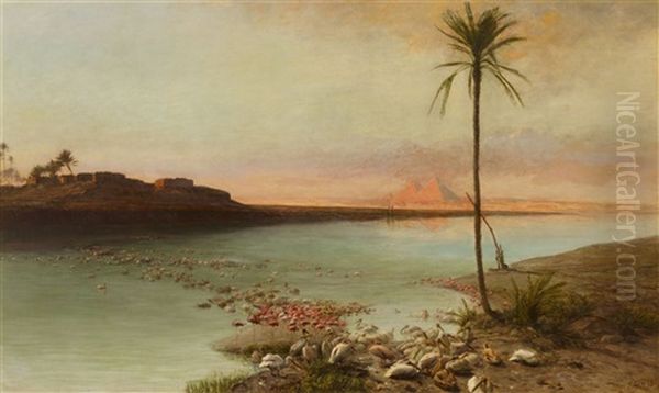 Egyptian Nile Landscape With Flamingoes And Pelicans - view 1