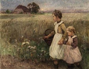 Zwei Madchen Auf Dem Heimweg Am Rande Eines Kornfeldes by Berthold Genzmer