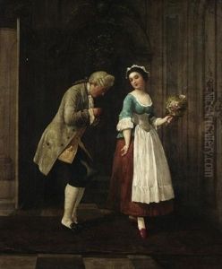 Die Aufwartung. Herr Uberreicht Einer Kammerzofe Einen Straus Mit Darin Versteckter Liebesbotschaft by Berthold Genzmer