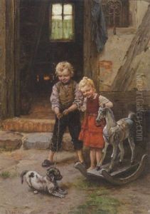 Geschwisterpaar Mit Hund Und Schaukelpferd