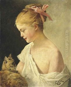 Une Jeune Fille Avec Un Chat by Henry Jules Jean Geoffroy