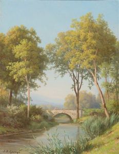 Sommerliche Flusslandschaft Mit Brucke Und Reiter by Jean Philippe George-Julliard