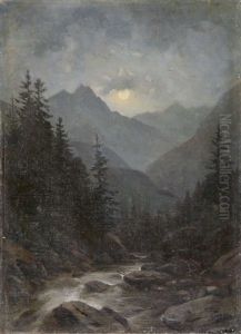 Walliser Waldlandschaft Mit Bach Bei Mondschein