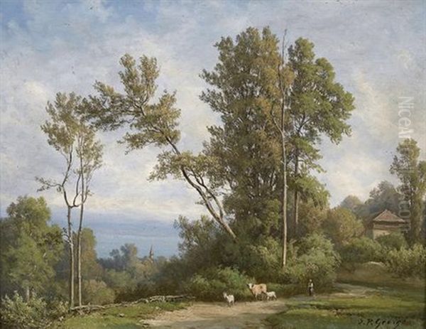 Hirtin Mit Viehherde Oberhalb Eines Sees - view 1