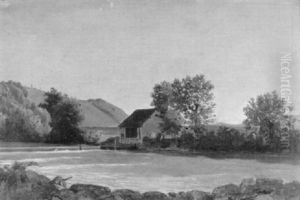 Fluss Mit Hutte In Hugeliger Landschaft