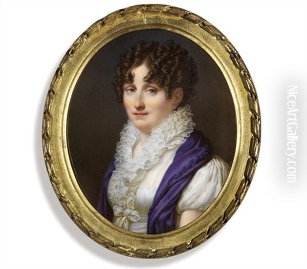 A Young Lady, In White Dress With Frilled Collar, Ribbon Tied At Waist, Mauve Shawl Draped Over Her Shoulder... - view 1