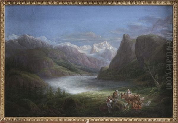 Gebirgssee Mit Hirten, Weidetieren Und Zeichner - view 1
