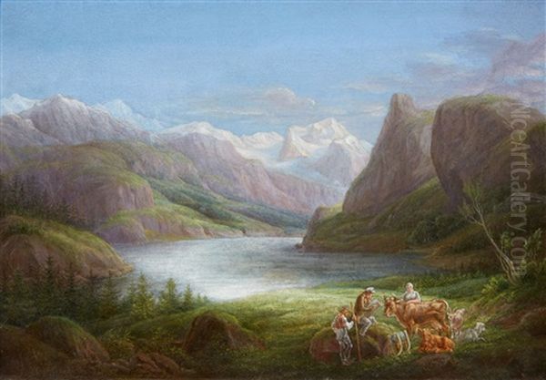 A Mountain Lake With An Artist And Shepherds - view 1