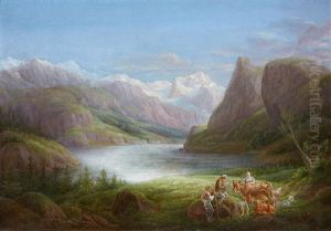 A Mountain Lake With An Artist And Shepherds