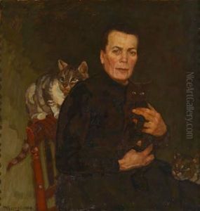 Portrat Einer Dame Mit Drei Katzen