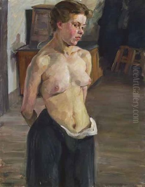 Stehender Halbakt Eines Bauernmadchens In Einer Stube - view 1