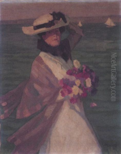Damenportrait Mit Blumenbouquet Am Ufer Mit Segelbooten - view 1