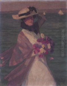 Damenportrait Mit Blumenbouquet Am Ufer Mit Segelbooten by Walter Georgi