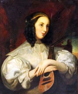Shoulder Length Portrait Of A Young Woman With A Mandolin Wearing Lace Collar, Puffed Sleeves And Her Hair Dressed In Ringlets